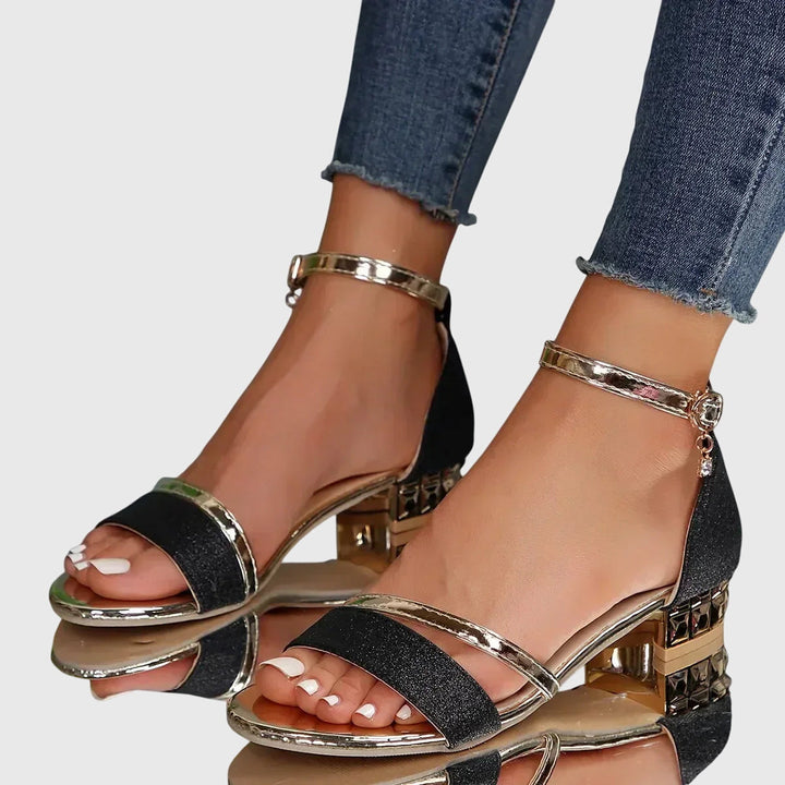 Rosana | Damen Sandaletten Blockabsatz Knöchelriemen Glitzer Festliche Schuhe