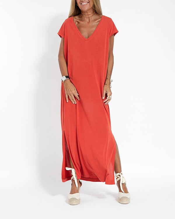 Maya | Damen Langes Freizeitkleid V-Ausschnitt Kurzarm Loose Fit