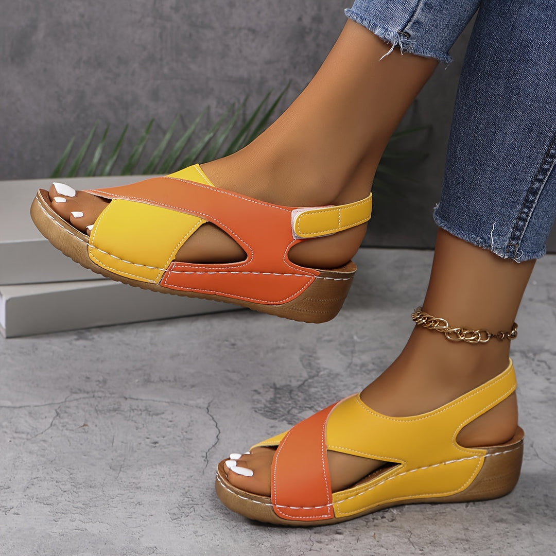 Luva | Damen Keilsandalen Zweifarbig Klettverschluss Sommer Flach
