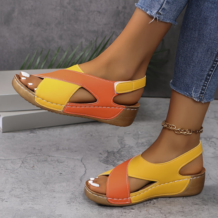 Luva | Damen Keilsandalen Zweifarbig Klettverschluss Sommer Flach