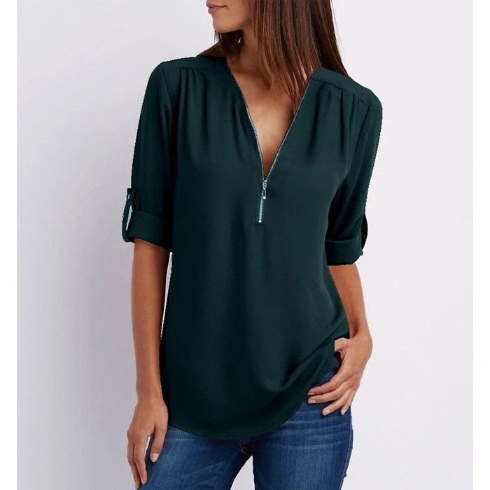 Jolie | Damen Bluse V-Ausschnitt Reißverschluss Halbarm