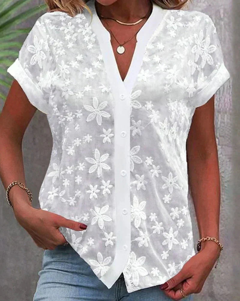 Sophie | Damen Spitzenbluse Weiß Kurzarm V-Ausschnitt Blumen