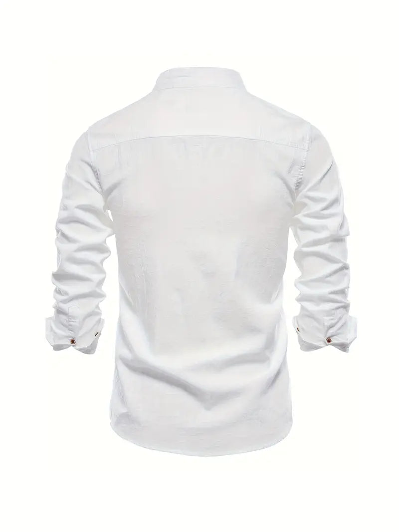 Fello | Herren Stehkragen Hemd Langarm Slim Fit Freizeithemd