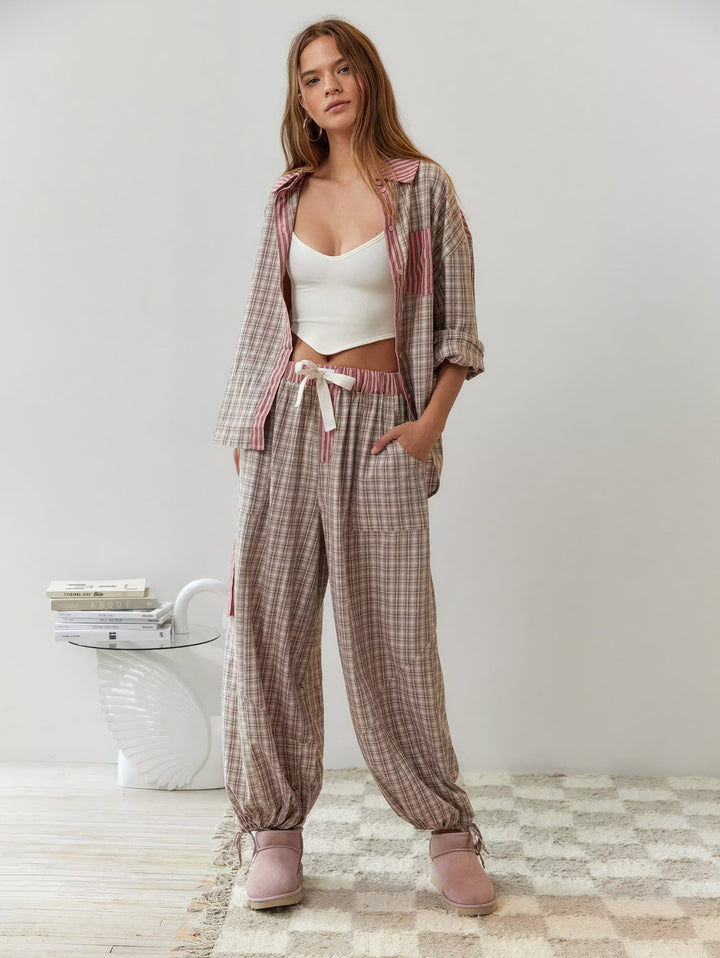 Jessa | Damen Pyjama Set Gestreift Hemd Hose Locker