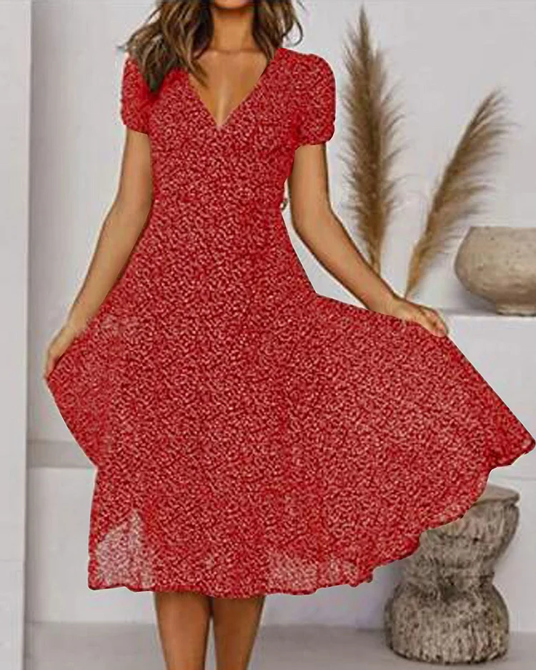Mia | Damen Midi Kleid V-Ausschnitt Kurzarm A-Linie Sommerkleid
