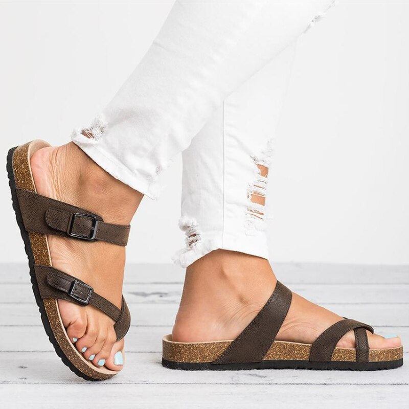 Gezel | Damen Kork Sandalen Zehensteg Schnalle Flach Sommer