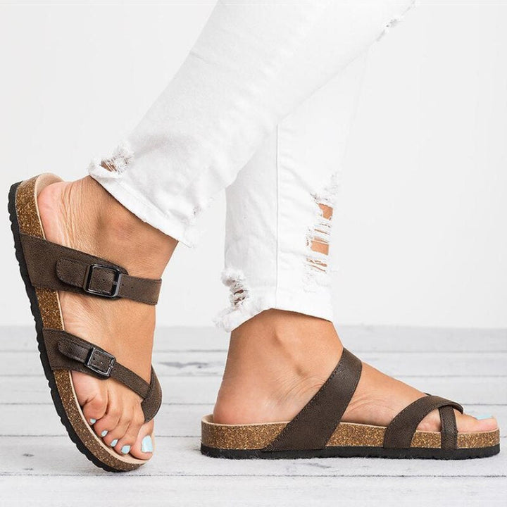 Gezel | Damen Kork Sandalen Zehensteg Schnalle Flach Sommer