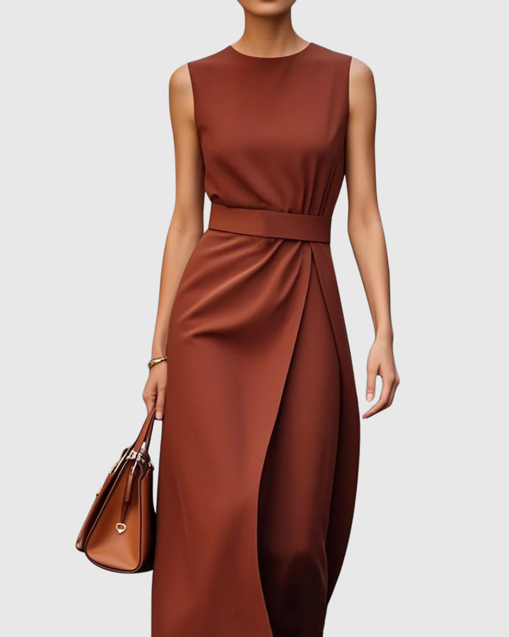 Amber | Damen Midi Kleid Ärmellos Rundhals Taillendrapierung Elegantes Kleid