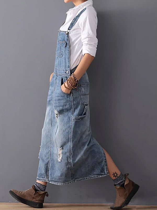 Franzi | Damen Latzkleid Jeans Lang mit Taschen Distressed