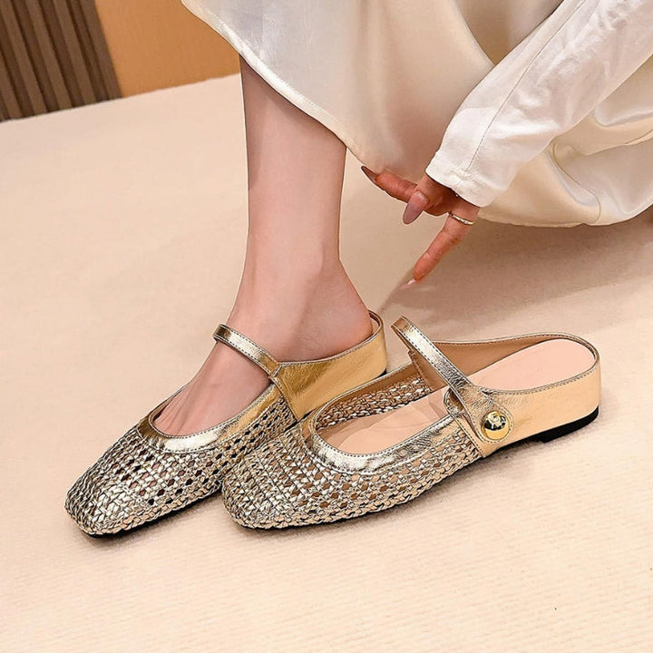 Goldie | Damen Mules Flach Mary Jane Geflochten Metallic Slipper