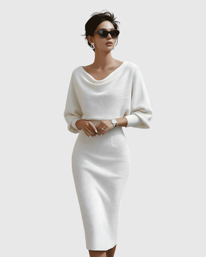 Nadine | Damen Midi Kleid Fledermausärmel Drapierter Ausschnitt Figurbetontes Kleid