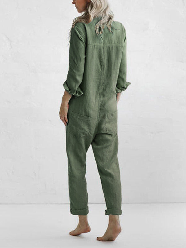 Frida | Damen Jumpsuit Langarm Knopfleiste Locker