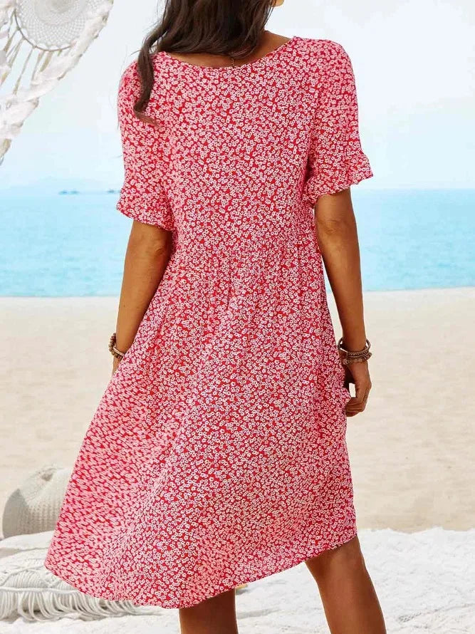 Mara | Damen Sommerkleid Blumen Kurzarm V-Ausschnitt mit Taschen