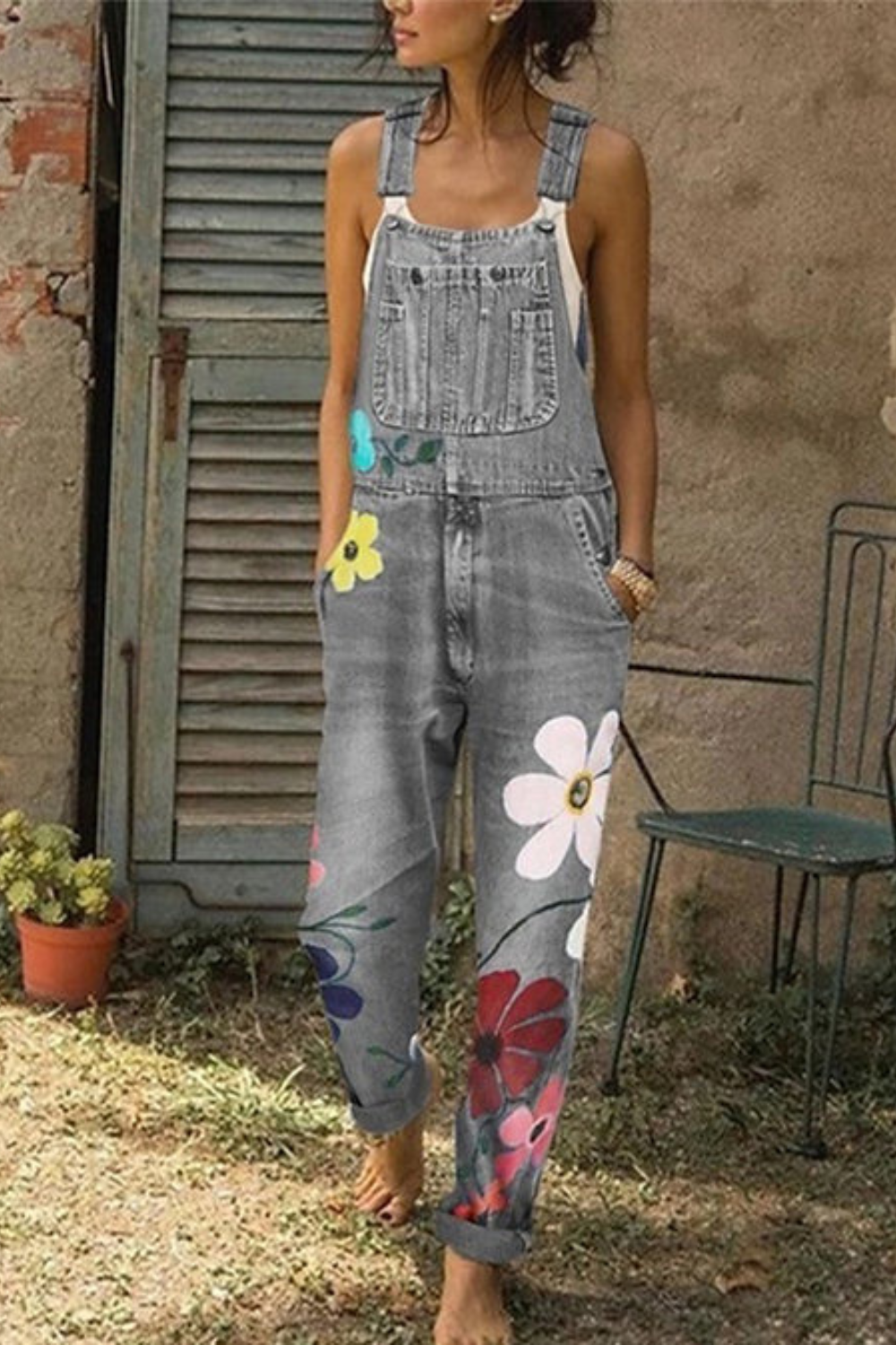 Mila | Damen Denim Latzhose mit Blumenmuster Jeans Overall