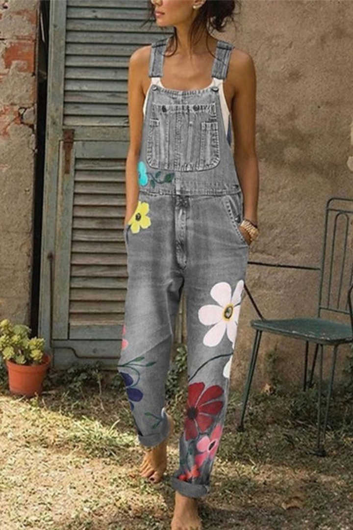 Mila | Damen Denim Latzhose mit Blumenmuster Jeans Overall