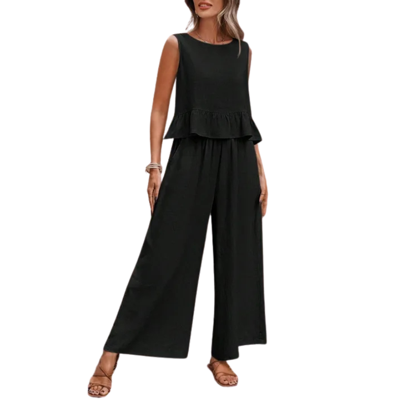 Greta | Damen Set Rüschen-Top Weite Hose Ärmellos