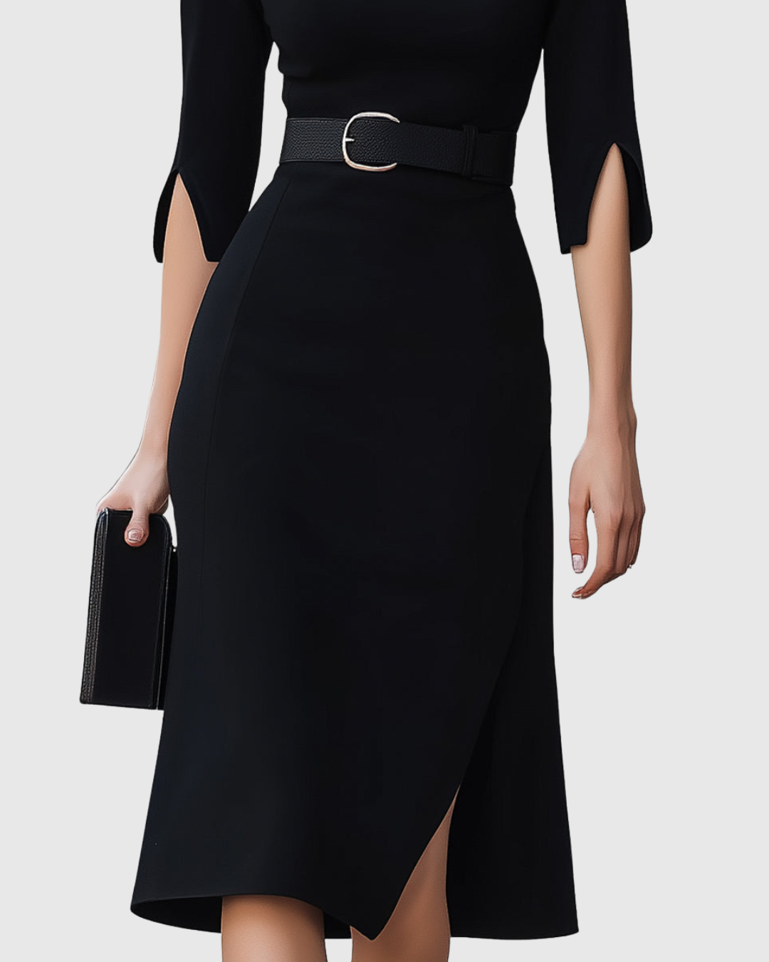 Audrey | Damen Schwarzes Midi Kleid mit Gürtel 3/4 Arm Elegantes Kleid