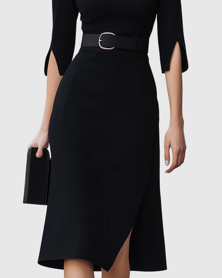 Audrey | Damen Schwarzes Midi Kleid mit Gürtel 3/4 Arm Elegantes Kleid