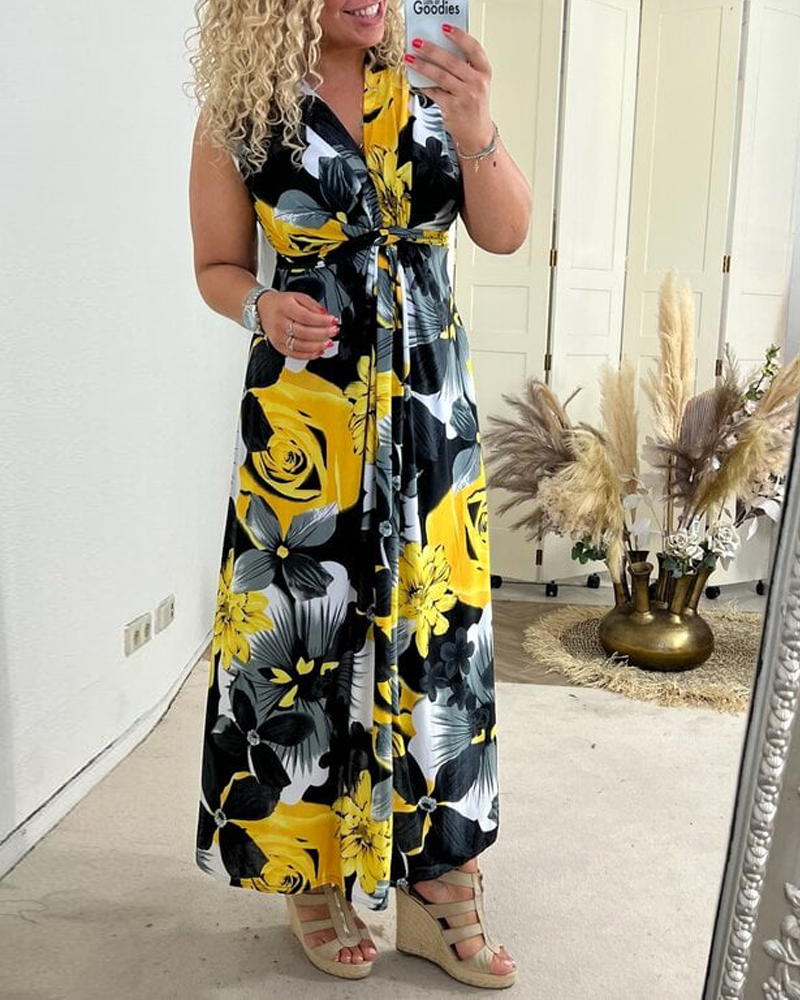 Bless | Damen Maxi Kleid Ärmellos Blumendruck V-Ausschnitt Sommer