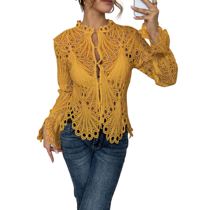 Aurelia | Damen Spitzenbluse Langarm Ausschnitt-Muster Elegant