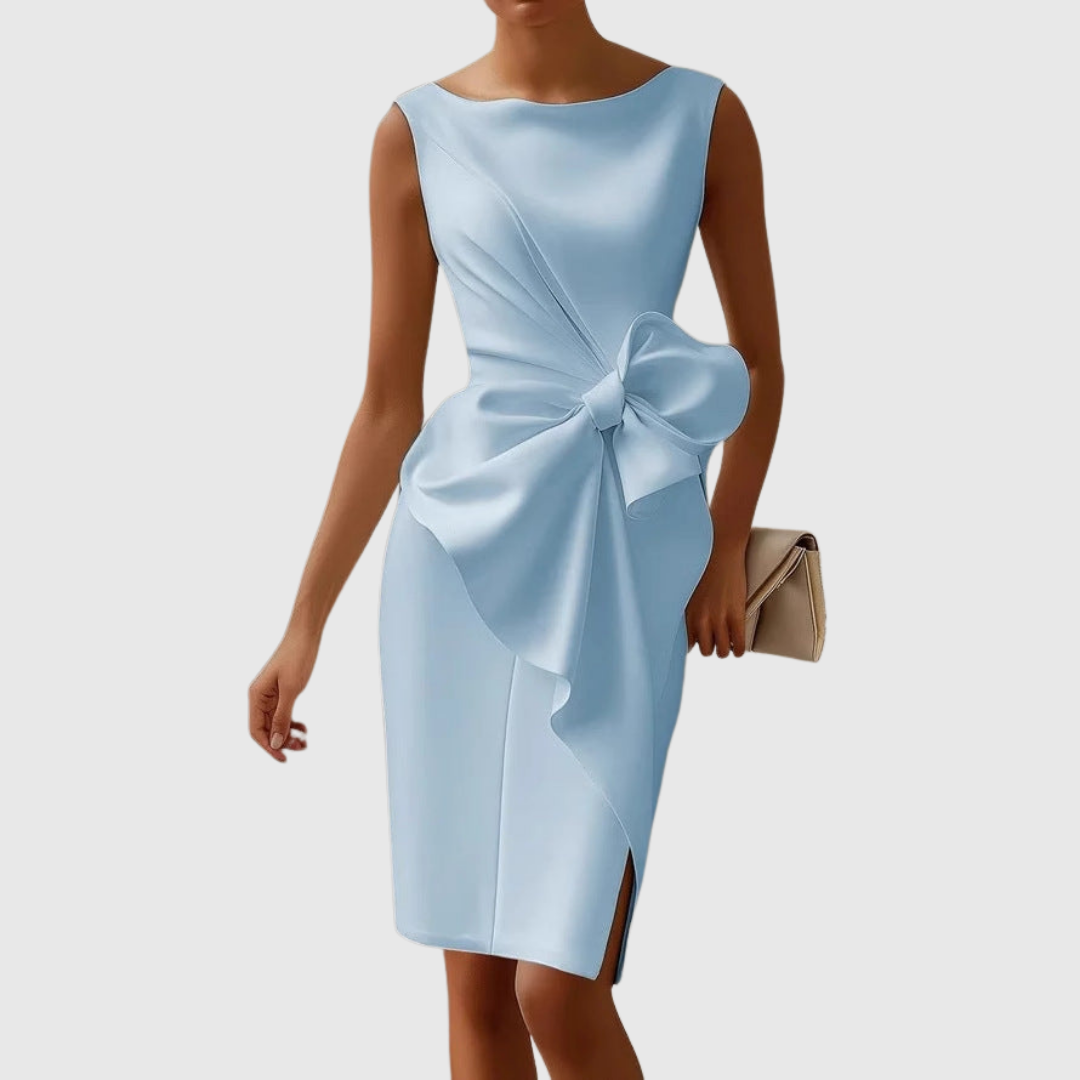 Belle | Damen Midi Kleid Ärmellos Schleife Figurbetonend Elegantes Kleid