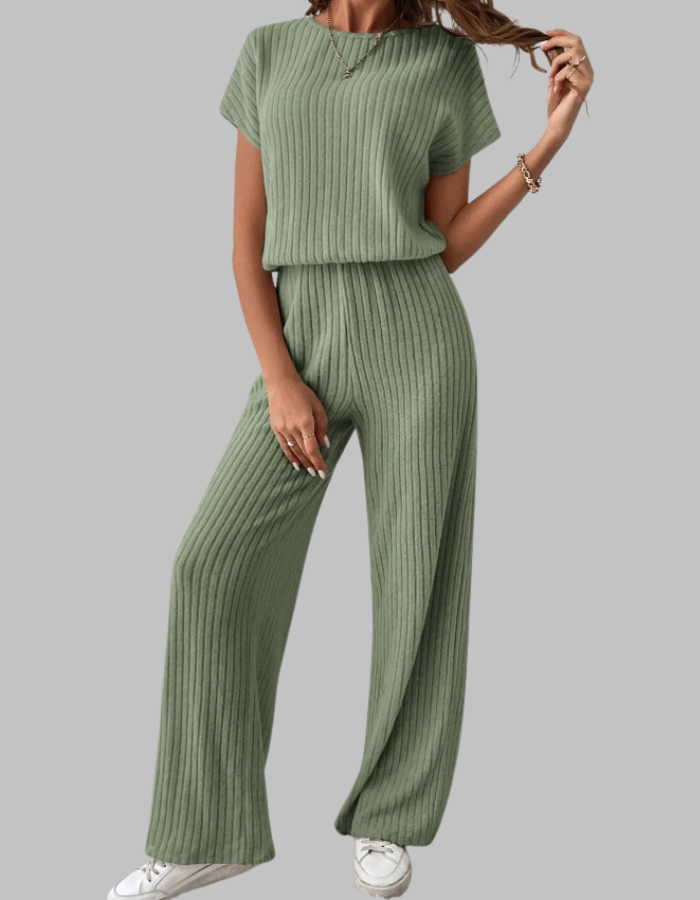 Paula | Damen Rippstrick-Set Kurzarm Top Weite Hose Casual