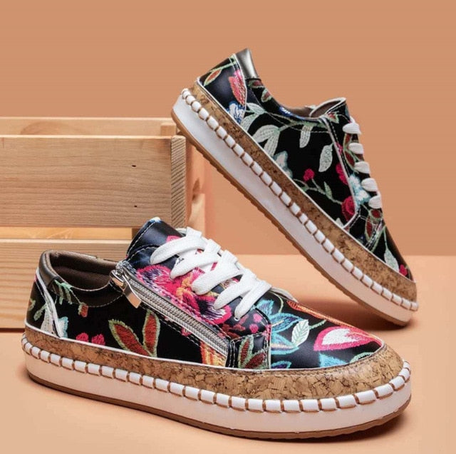 Meffa | Damen Plateau Sneaker Blumenmuster Reißverschluss Espadrille Stil