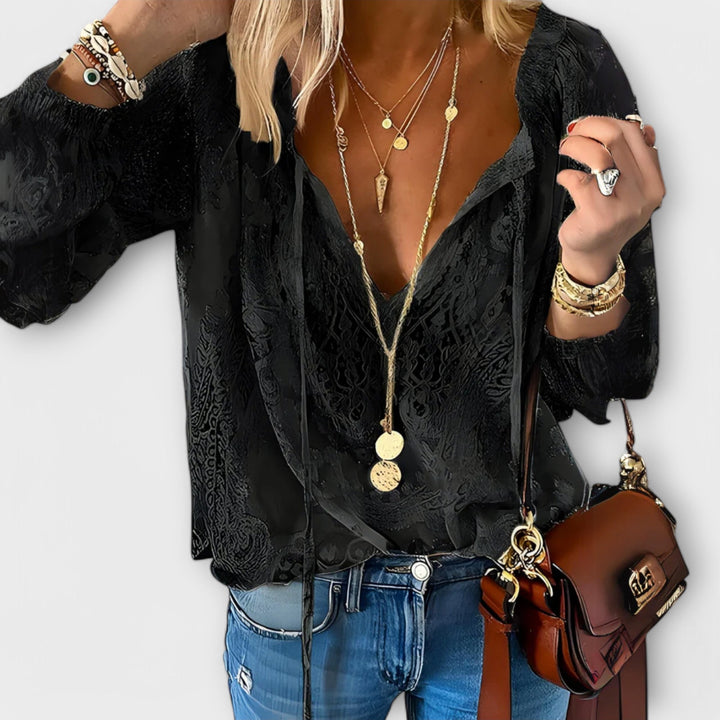 Bianca | Damen Spitzenbluse Langarm V-Ausschnitt Boho Bluse Elegant