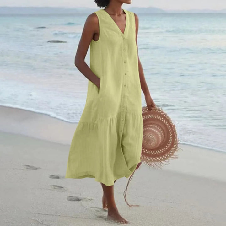 Lena | Ärmelloses Leinenkleid Damen V-Ausschnitt Midi Sommerkleid