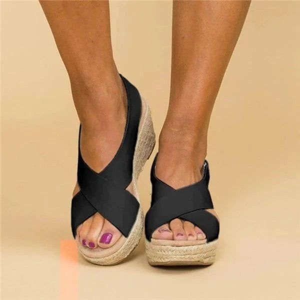 Clara | Damen Keilabsatz Espadrilles mit Kreuzriemen, Sommersandalen