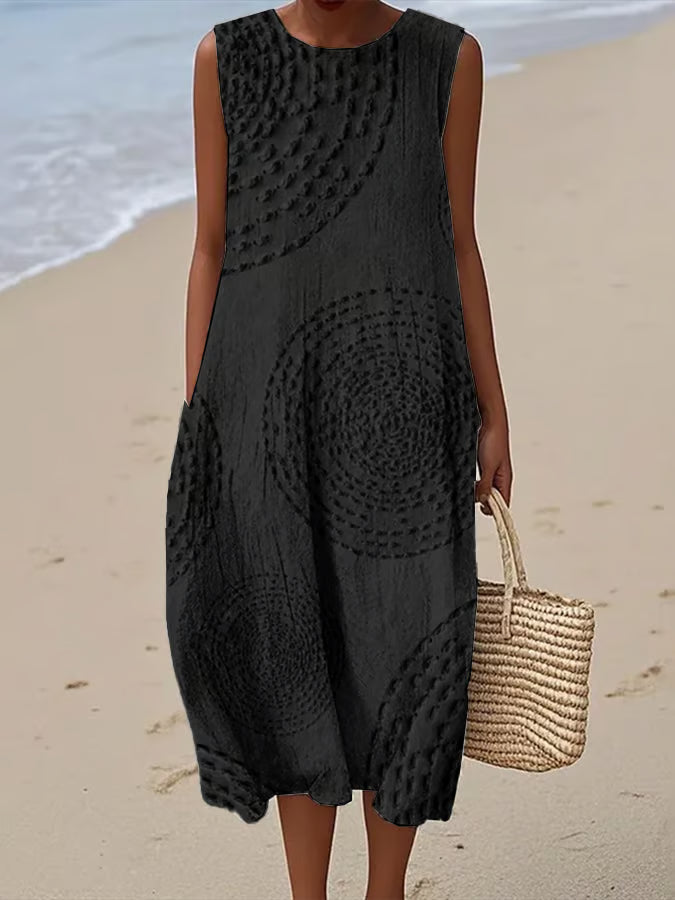 Clara | Damen Sommerkleid Ärmellos Midi Kleid Strukturiert Rundhals