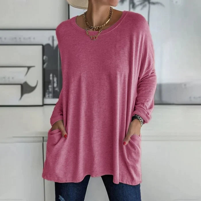 Noja | Damen Longshirt Übergroß Rundhals Seitentaschen Herbst