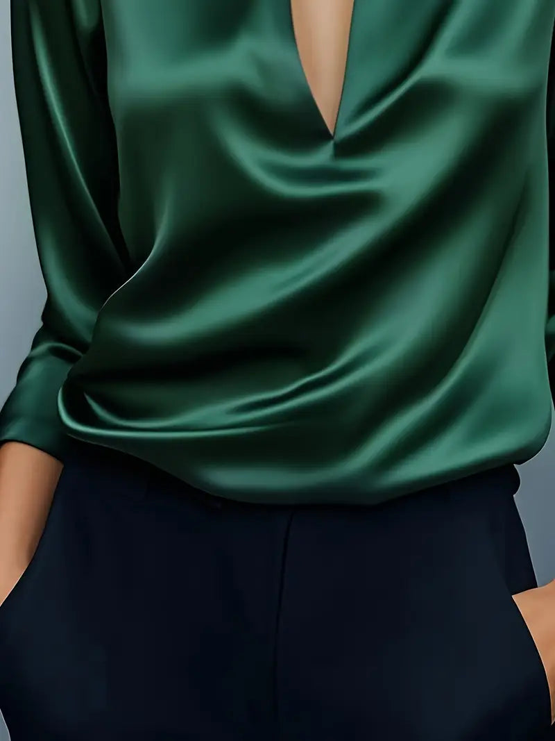 Stella | Damen Satin Bluse Langarm V-Ausschnitt Elegant