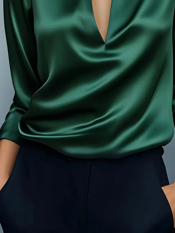 Stella | Damen Satin Bluse Langarm V-Ausschnitt Elegant