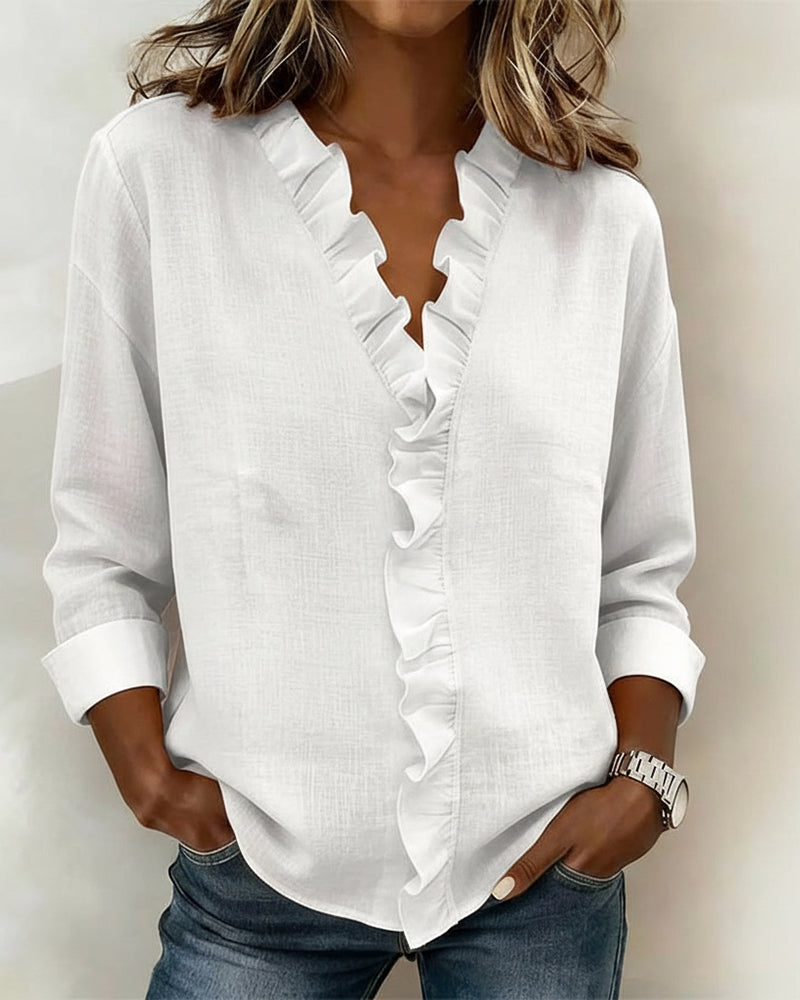 Rosine | Damen Bluse Langarm Rüschen V-Ausschnitt Casual Chic