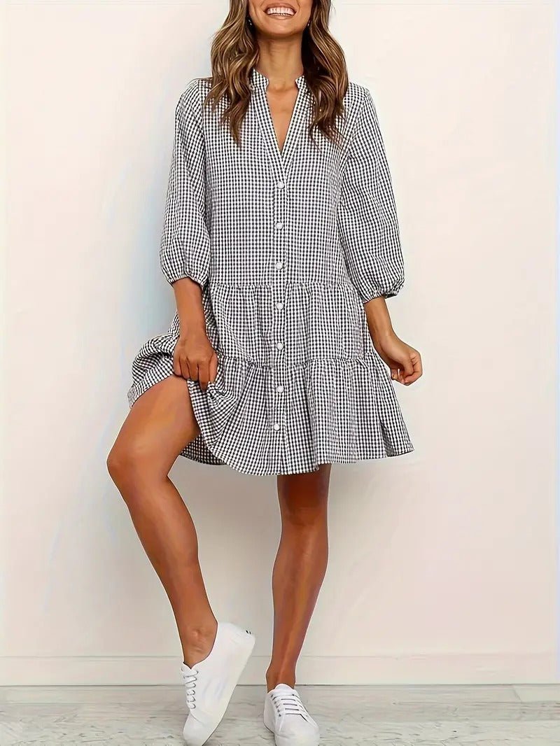 Pippa | Damen Hemdkleid Karo 3/4 Arm Knopfleiste mit Rüsche