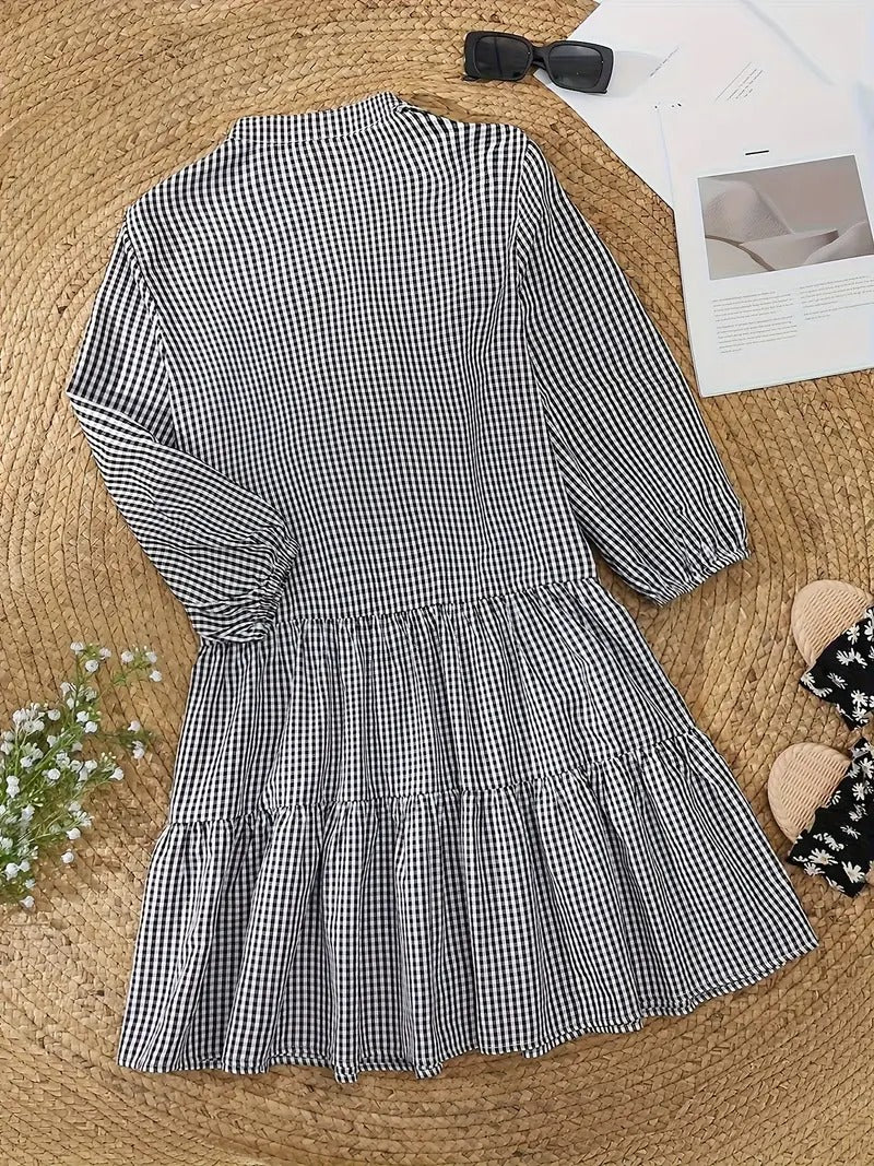 Pippa | Damen Hemdkleid Karo 3/4 Arm Knopfleiste mit Rüsche