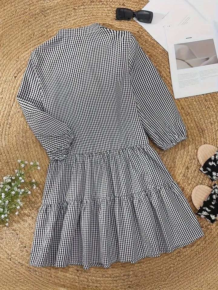Pippa | Damen Hemdkleid Karo 3/4 Arm Knopfleiste mit Rüsche