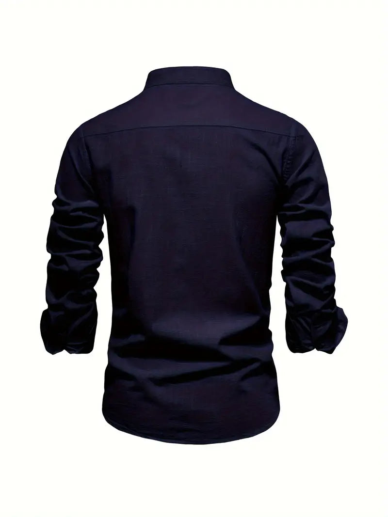 Fello | Herren Stehkragen Hemd Langarm Slim Fit Freizeithemd