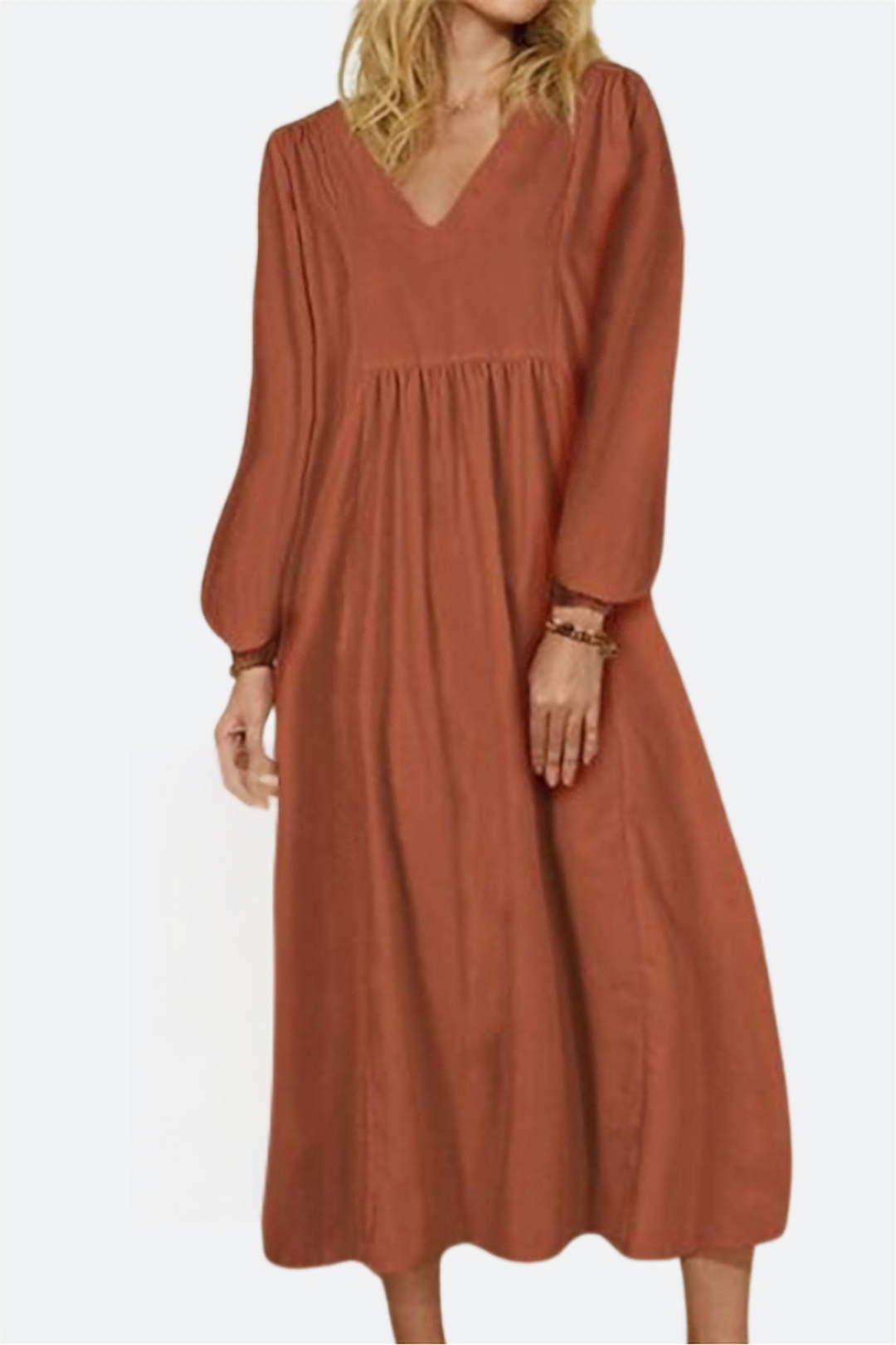 Terra | Damen Midikleid V-Ausschnitt Puffärmel Unifarbe Terrakotta