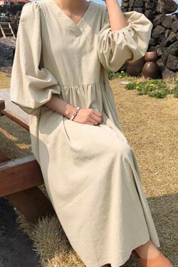 Terra | Damen Midikleid V-Ausschnitt Puffärmel Unifarbe Terrakotta