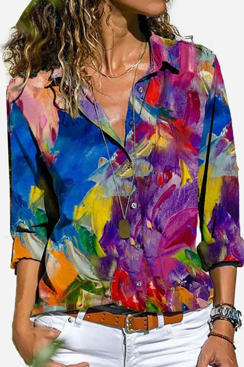 Frida | Damen Hemdbluse Langarm Abstraktes Kunstprint Bunt