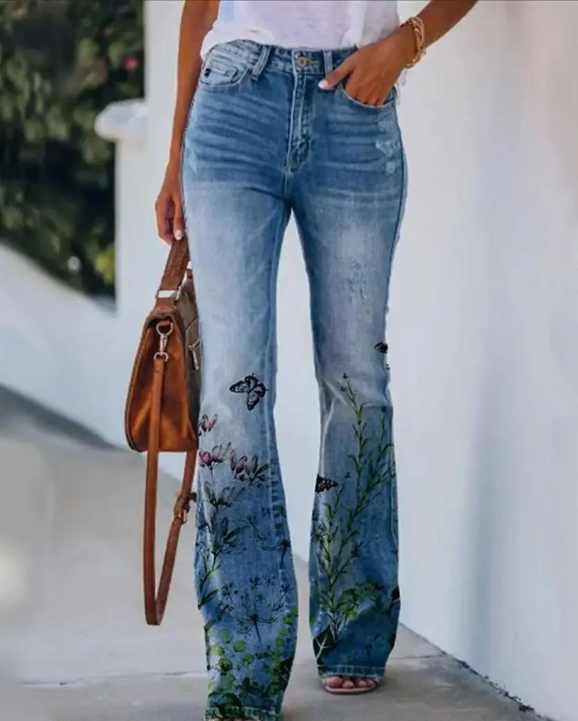 Rosie | Damen Schlagjeans mit Blumenmuster, High Waist Flared Jeans