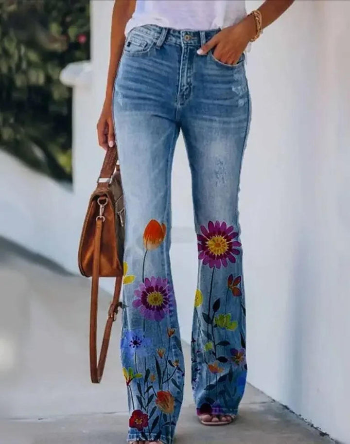 Rosie | Damen Schlagjeans mit Blumenmuster, High Waist Flared Jeans