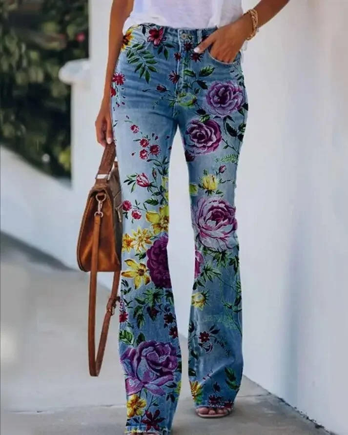 Rosie | Damen Schlagjeans mit Blumenmuster, High Waist Flared Jeans