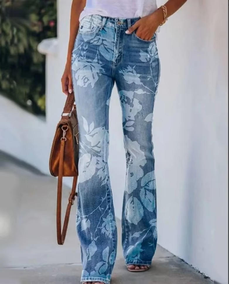 Rosie | Damen Schlagjeans mit Blumenmuster, High Waist Flared Jeans