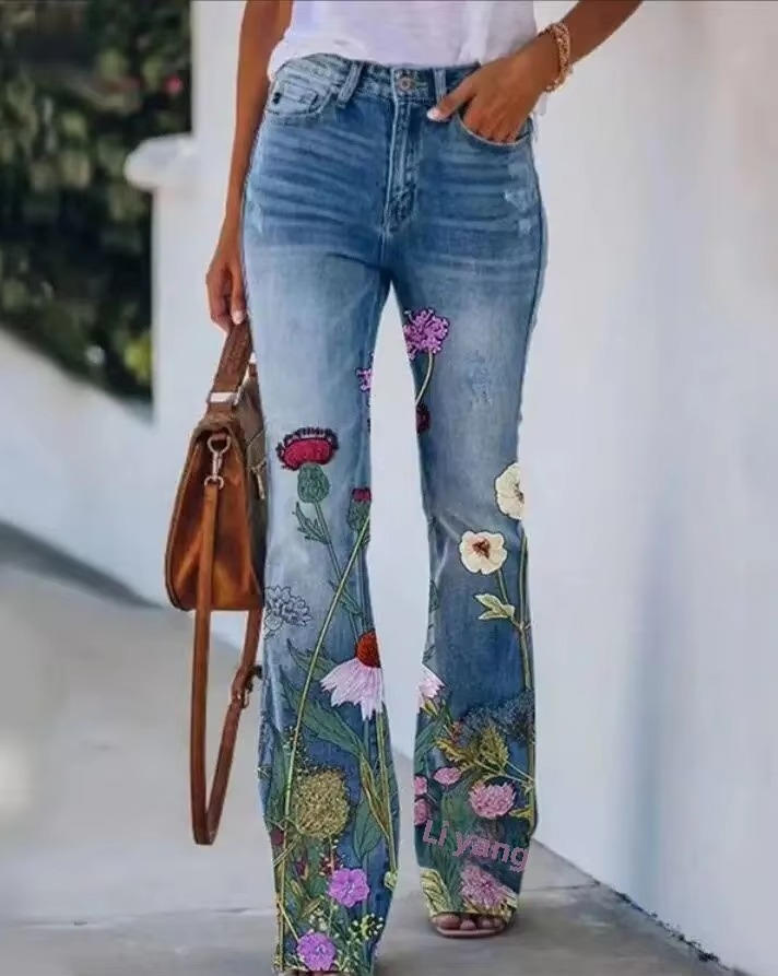 Rosie | Damen Schlagjeans mit Blumenmuster, High Waist Flared Jeans