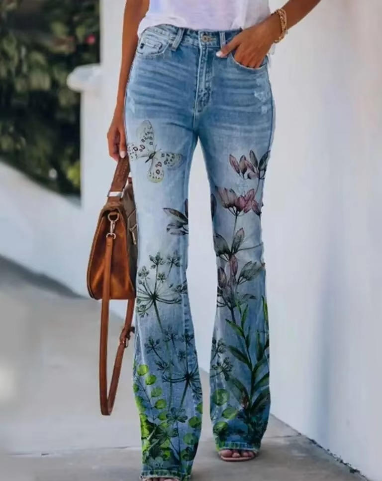 Rosie | Damen Schlagjeans mit Blumenmuster, High Waist Flared Jeans