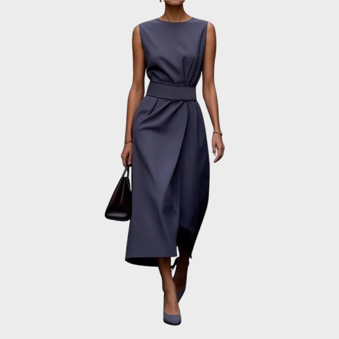 Amber | Damen Midi Kleid Ärmellos Rundhals Taillendrapierung Elegantes Kleid