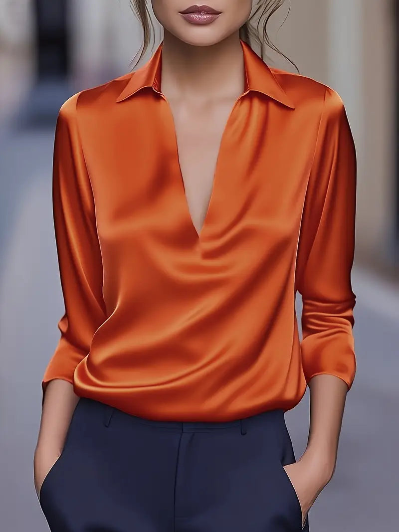 Stella | Damen Satin Bluse Langarm V-Ausschnitt Elegant